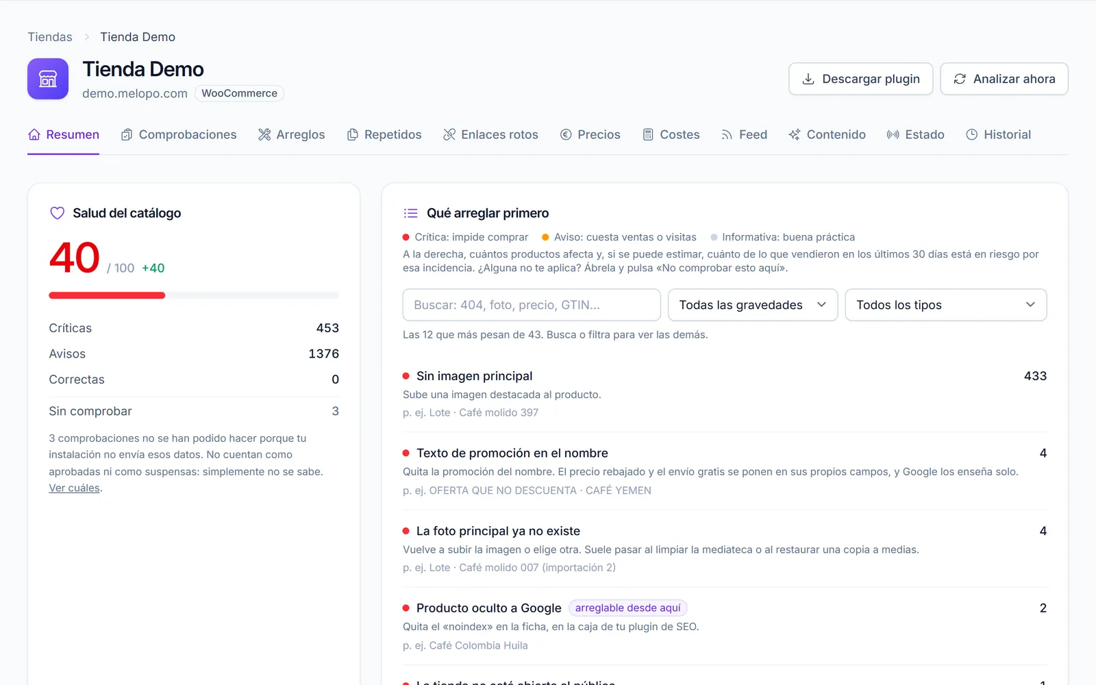 Resumen de una tienda en Melopo Radar: puntuación de salud del catálogo y lista de qué arreglar primero